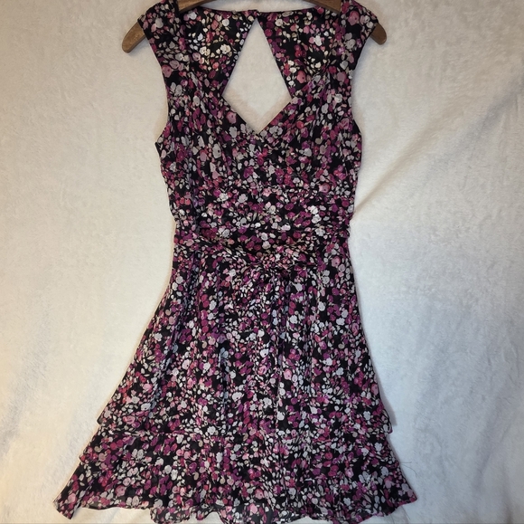 White House Black Market Dresses & Skirts - WHBM Floral Pink and Black Fit-and-Flare Ruffle Midi Dress Size 4 Cut-out Back.